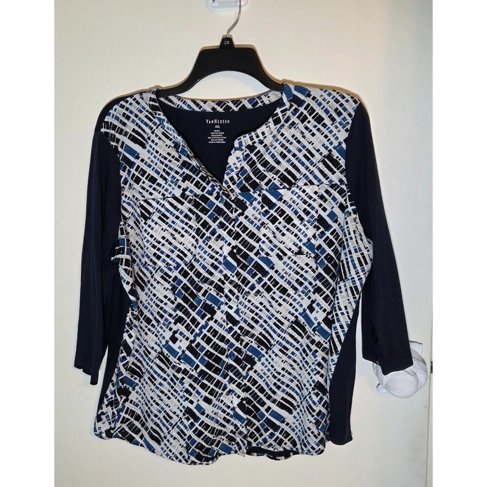 Women's Van Heusen Button Up Blouse XXL  Polyester Cotton Blend Pockets Blue